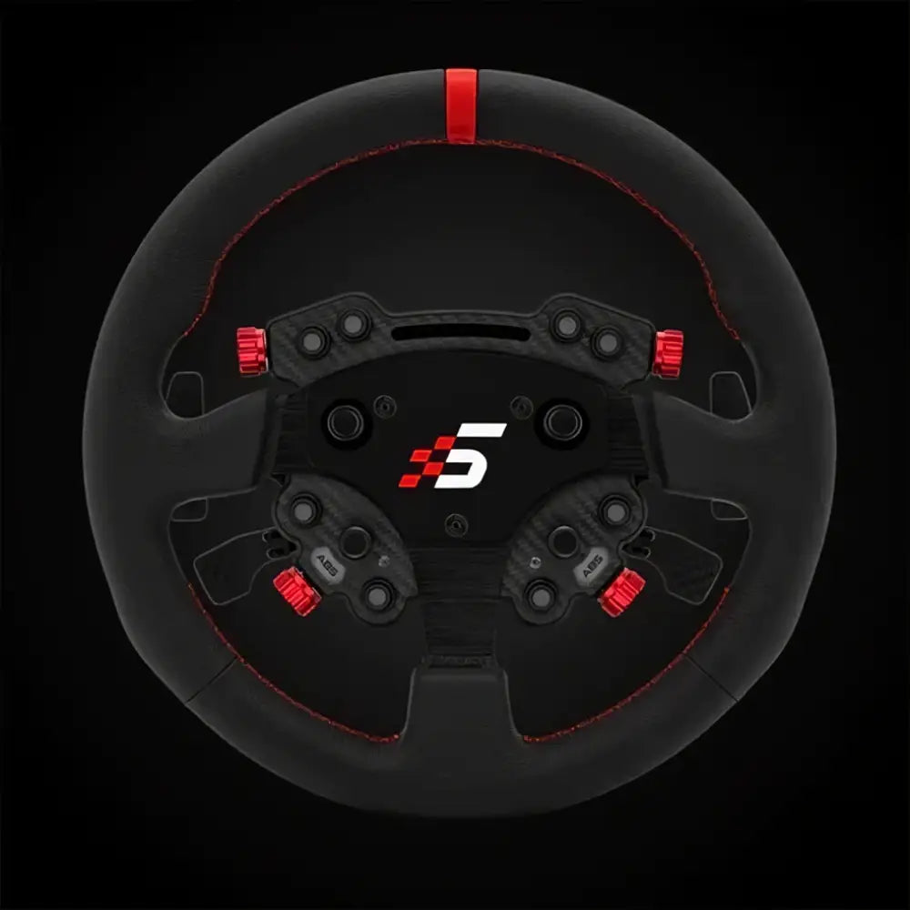 Simagic GT Pro rounded leather steering wheel in black with red stitching and illuminated buttons featuring central logo