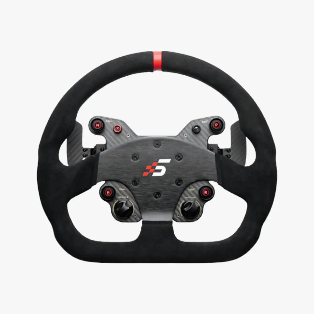 Simagic gt1 d-muotoinen ohjauspyörä musta punaisella aksentilla ja hiilikuitu-yksityiskohdilla keskellä logo