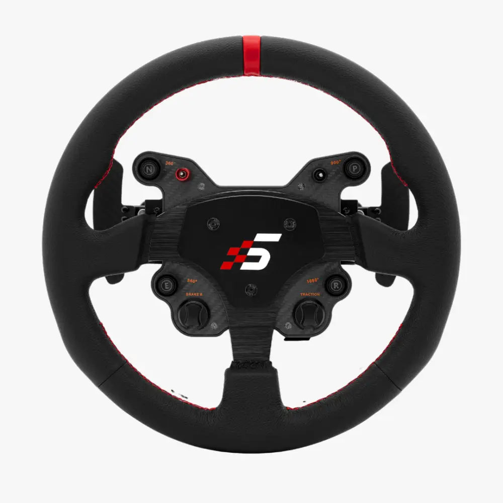 Simagic GT1 rounded steering wheel with black leather, red stitching, central logo, and multiple control buttons