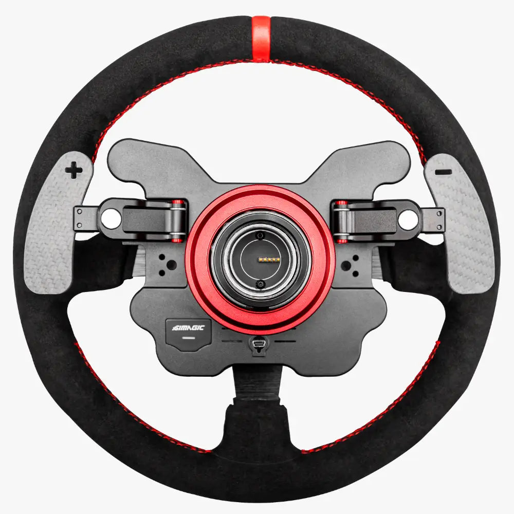 Simagic gt1 rounded racing -ohjauspyörä musta ja punainen mokkanahkatekstuurilla, hiilikuituvivut ja metallikeskus