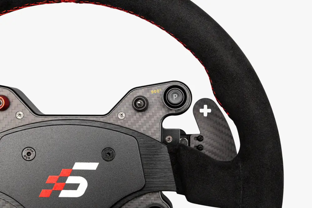 Simagic gt1 rounded racing steering wheel in black with red stitching, carbon fiber accents, and white orange 5 logo