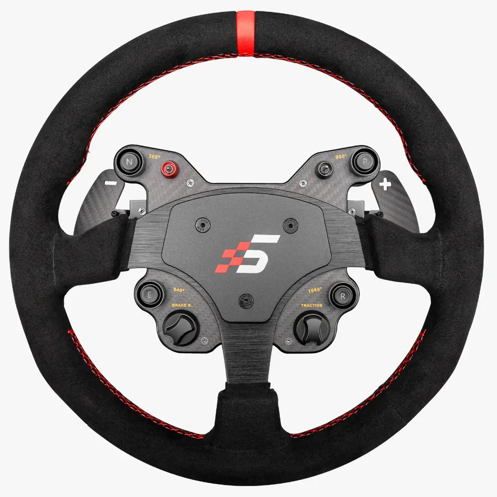 Simagic GT1 rounded steering wheel in black with red stitching and carbon fiber center panel featuring s logo