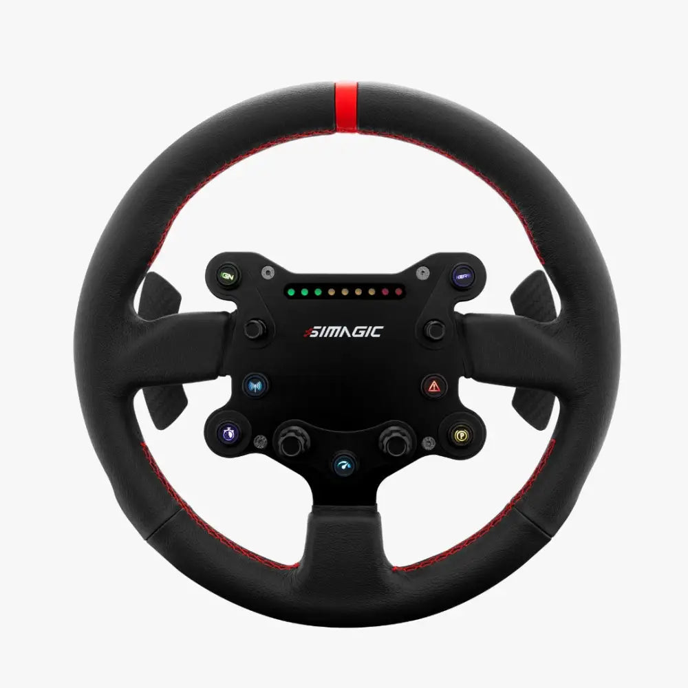 Simagic GTS rounded racing steering wheel in black with red stitching and illuminated buttons for sim racing