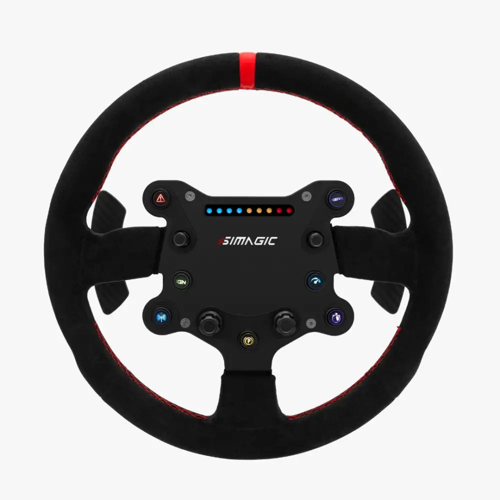 Simagic gts rounded racing steering wheel with black finish red stitching and illuminated control buttons