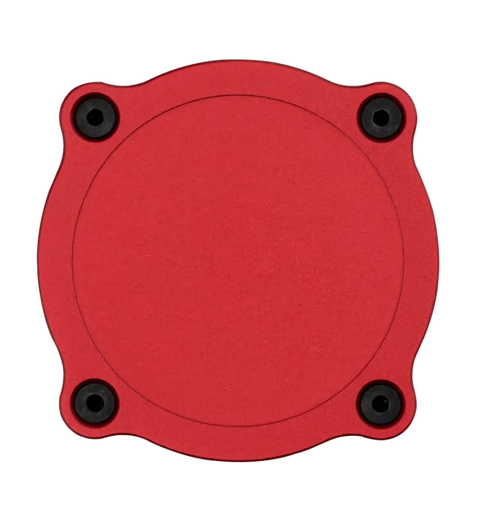 Red circular aluminum radiator cover with four black mounting holes for simagic haptic pedal reactor p-hpr