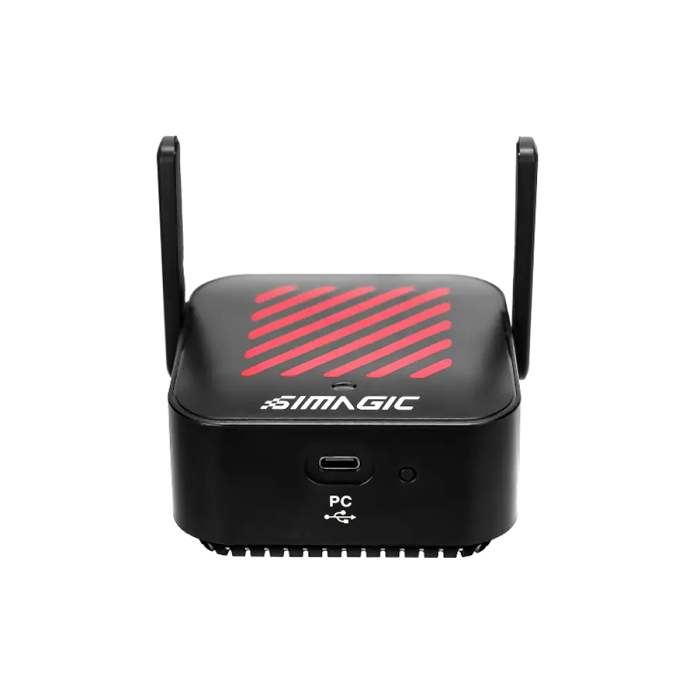 Black simagic wireless router with red diagonal stripes and two antennas for Simagic MagicDash 4 Display product
