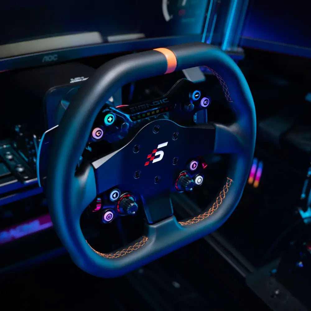 Black simagic neo x 310g gt racing steering wheel with orange accents and illuminated buttons for sim racing