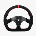 Black suede simagic p-325d d-shaped racing steering wheel rim with red stitching and metallic s logo center plate