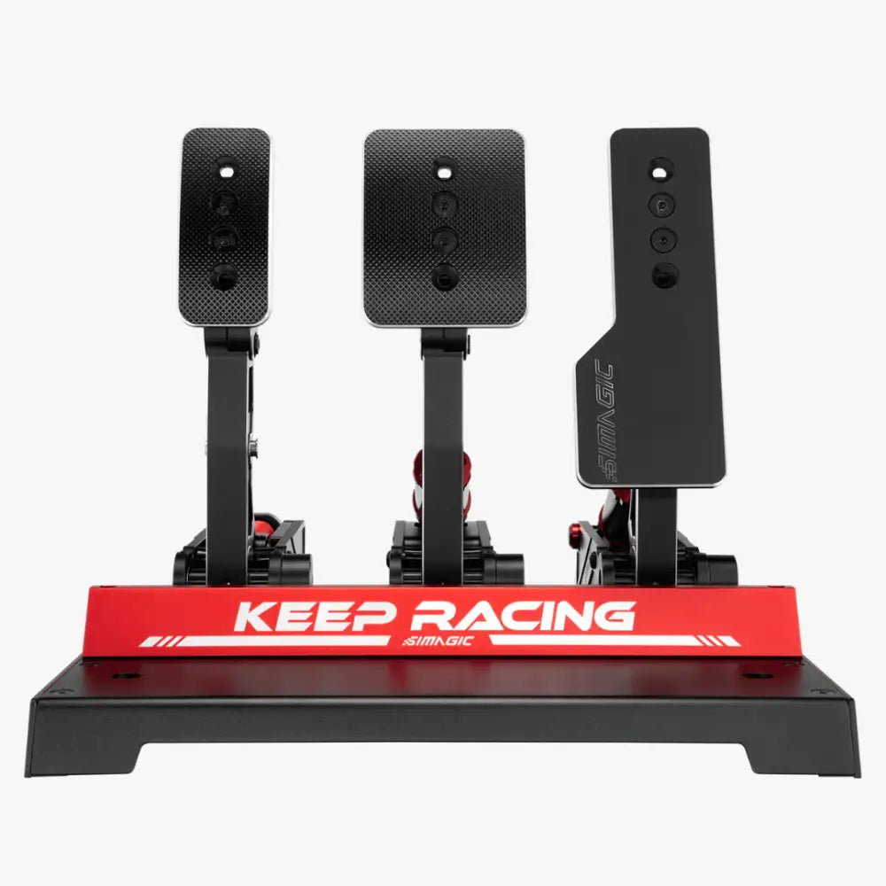 Simagic P1000 long throttle plate with black racing pedals red base and keep racing branding for sim racing
