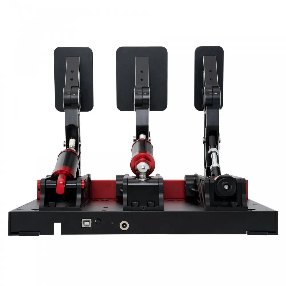 Simagic p1000 modular 3-pedal set musta ja punainen pelipoljinsetti kolmen polkimen ja tukevan runkopohjan kanssa