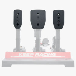 Simagic P1000 triple flat pedal plate set black carbon fiber textured racing pedals with silver stands on pink keep racing base