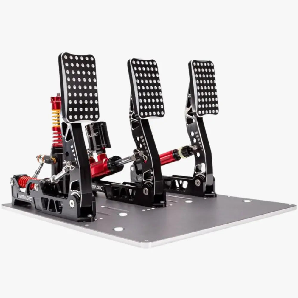 Simagic p2000 hydraulic 100kg 3-pedal-set musta-punaiset teksturoidut polkimet alumiinijalustalla
