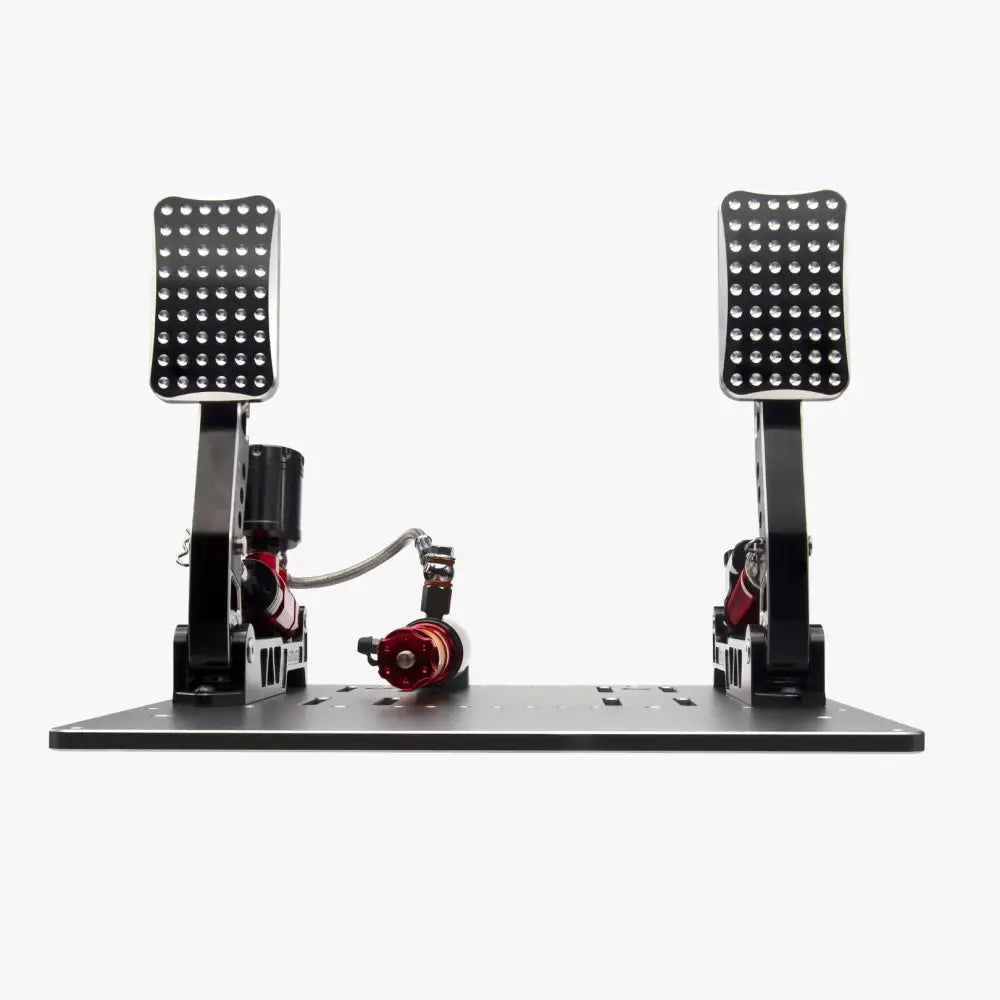 Simagic p2000 hydraulinen 200kg kaksipolkimen setti mustilla reiällisillä poljinlaudoilla ja punaisilla hydraulisilla osilla