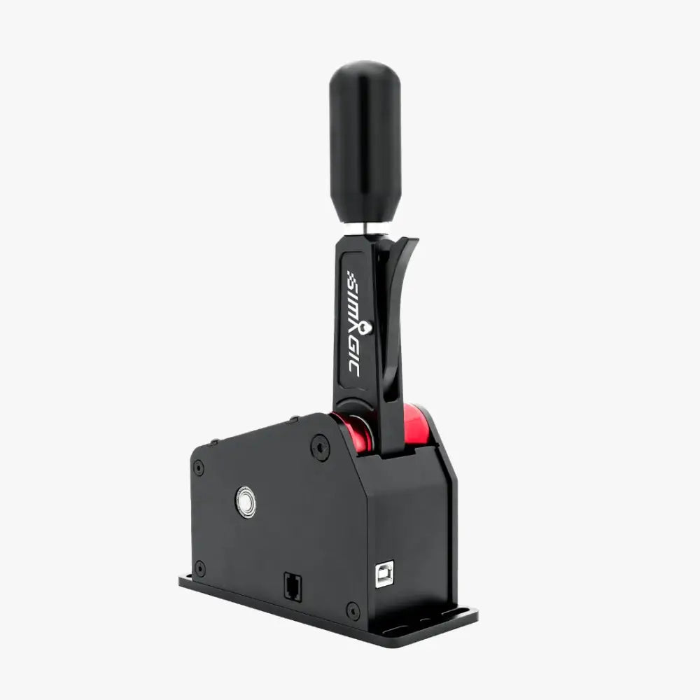 Simagic q1s sequential shifter mustalla simrac-vaihtajalla jossa punainen sisäinen vaihteisto ja mattapintainen kahva