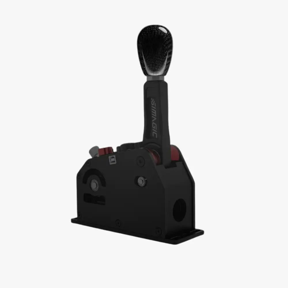 Simagic tapered shifter knob in black carbon fiber with red accents for h pattern shifter with sleek modern design