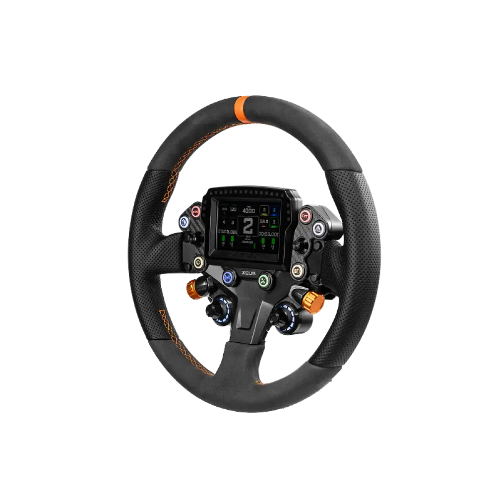 Simagic zeus sport musta kilpa-ajon ohjauspyörä oransseilla korostuksilla ja keskellä digitaalinen näyttö