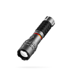 Black and silver slyde king 4k tactical flashlight with textured grip, orange accent ring, and visible led lens