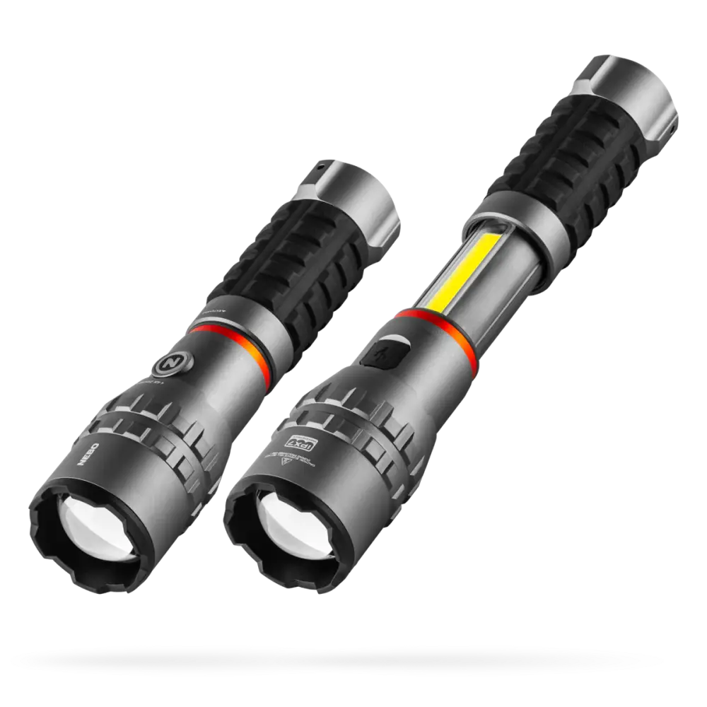 Two rugged gray tactical slyde king 4k flashlights with black textured grips and red accent rings
