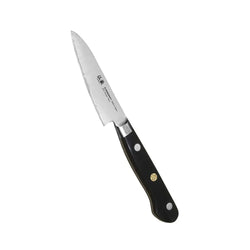 Black-handled Suncraft Senzo Pro kuorimaveitsi 9 cm with serrated stainless steel blade and Japanese branding