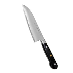 Mustavartinen suncraft senzo pro santokuveitsi 16,5 cm sahalaitainen ruostumaton teräs kultaisilla yksityiskohdilla ja kaiverruksella