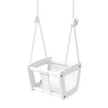 Valkoinen puinen vauvan keinu tukevilla köysillä ja yksinkertaisella modernilla muotoilulla, toddler birch white leather