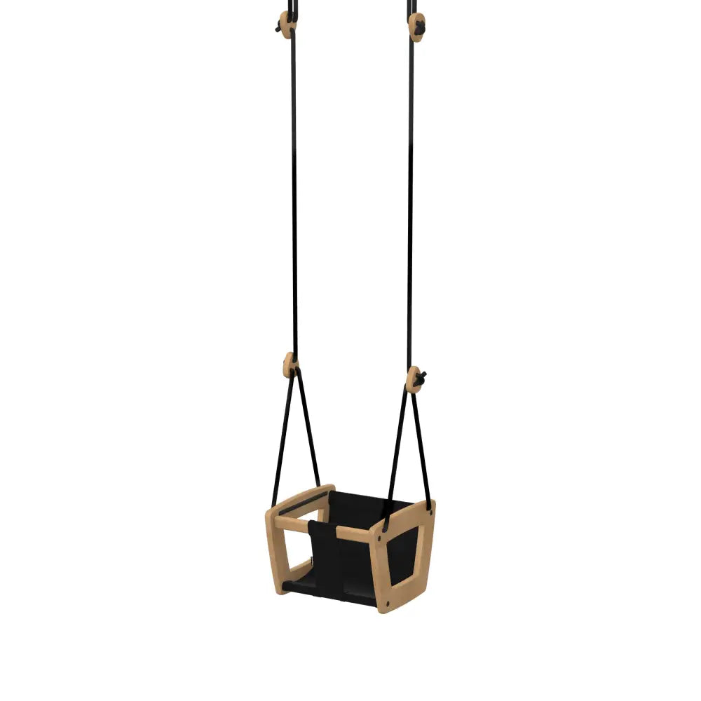 Black and oak toddler swing with black leather seat and sturdy ropes for safe outdoor use