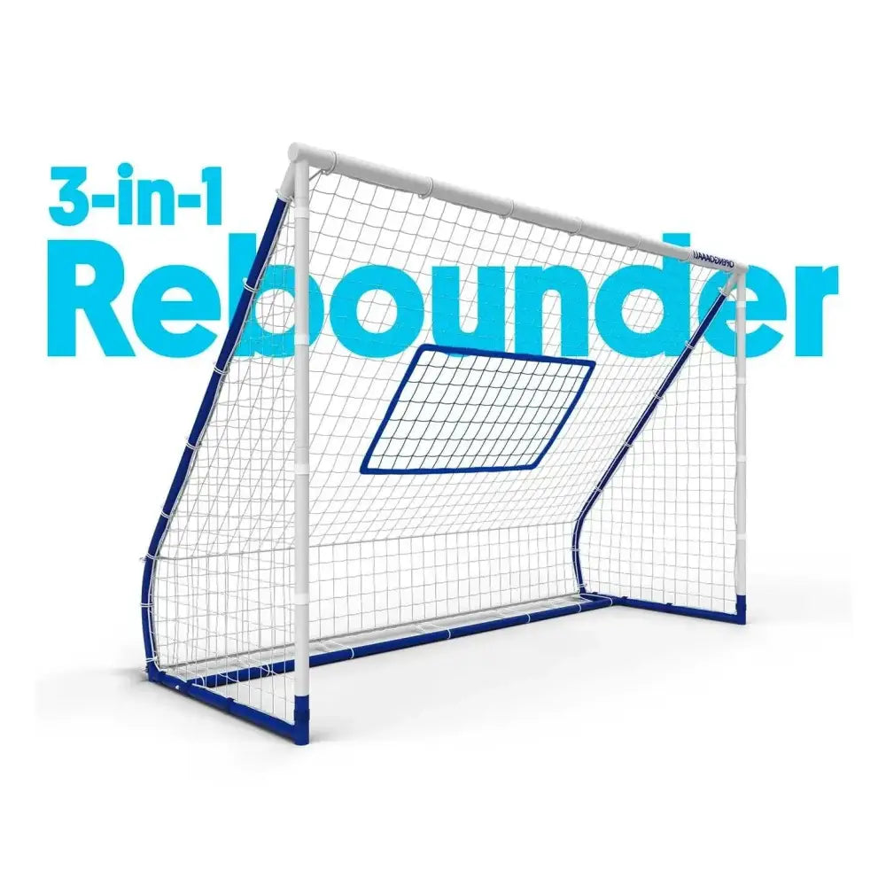 Sininen ja valkoinen 3-in-1 rebounder jalkapallomaali verkkorakenteella triple function rebounder goal -tuotteessa