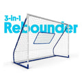 Sininen ja valkoinen 3-in-1 rebounder jalkapallomaali verkkorakenteella triple function rebounder goal -tuotteessa