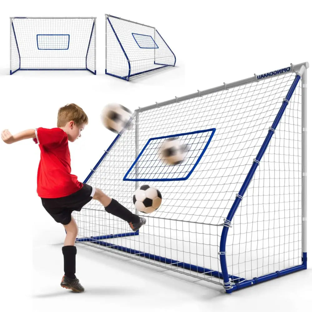 Sininen ja hopeanvärinen taitettava jalkapallomaali suorakulmaisella kohdeverkolla triple function rebounder goal -tuotteessa