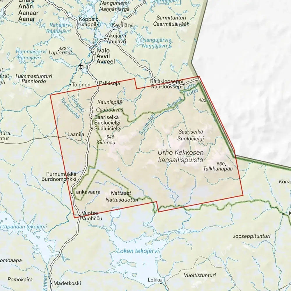 Kartta urho kekkosen kansallispuistosta 1 50 000 jossa punainen ääriviiva korostaa saariselän kansallispuistoa Suomessa
