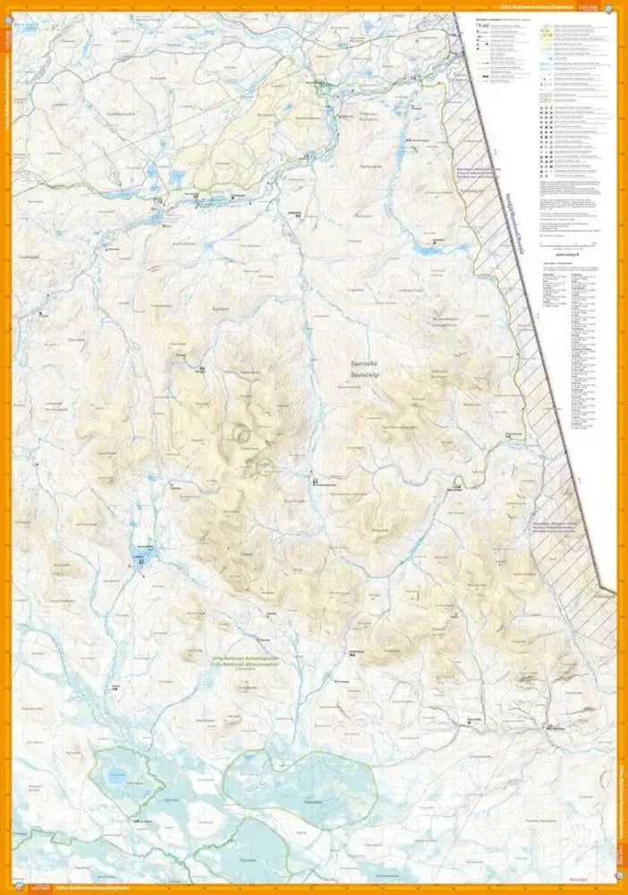 Urho kekkosen kansallispuisto 1 50 000 yksityiskohtainen topografinen kartta beige ja vaaleansininen väriteema oranssilla reunuksella