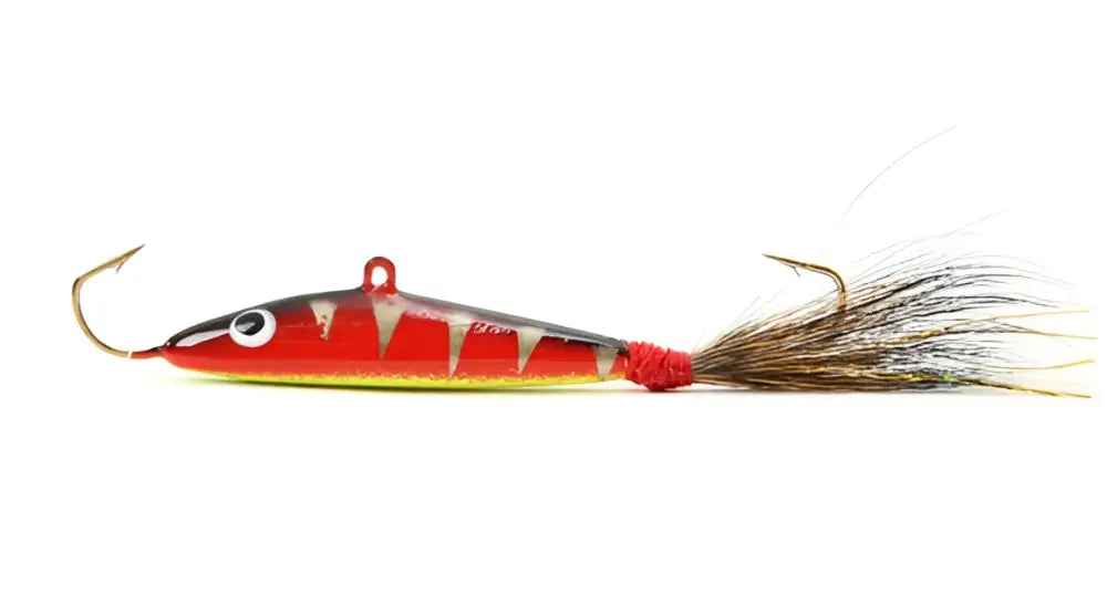 Väinö ace tasapaino 40mm kalastukseen punaisin ja hopein raidoin, mustalla silmällä, punaisella hännellä ja höyhenhameella