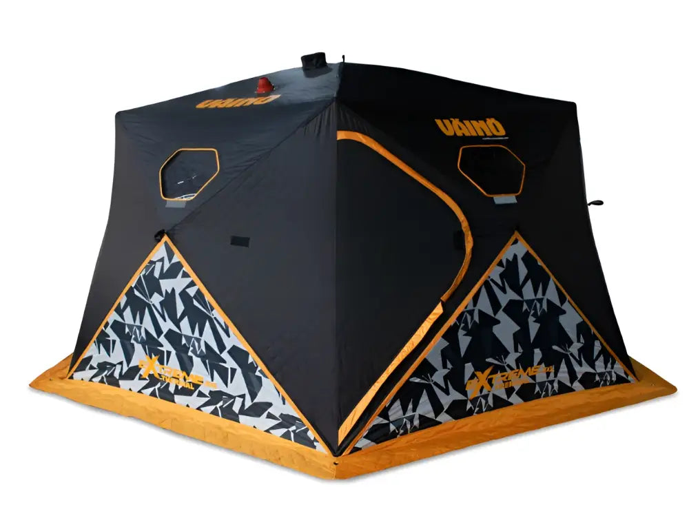 Black and orange väinö bunker thermal extreme xxxl pilkkiteltta ice fishing tent with geometric pattern on lower panels