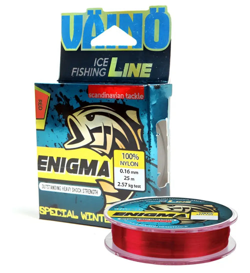 Punainen spooled ice fishing line 100 nylon branded enigma by väinö pilkkisiima 25m