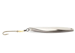 Silverinen metallinen väinö experch pystypilkki 85mm 17g viehe, jossa on tyylikäs muotoilu ja kulta ketju