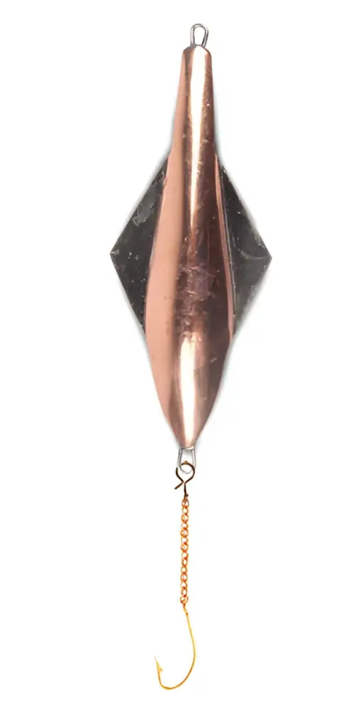 Copper-colored diamond-shaped fishing lure with black reflective wing and gold chain hook for Väinö Kiehimä 55mm Pystypilkki