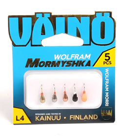 Set of five väinö leppis #5 metallic teardrop fishing weights in gold silver copper black and orange colors