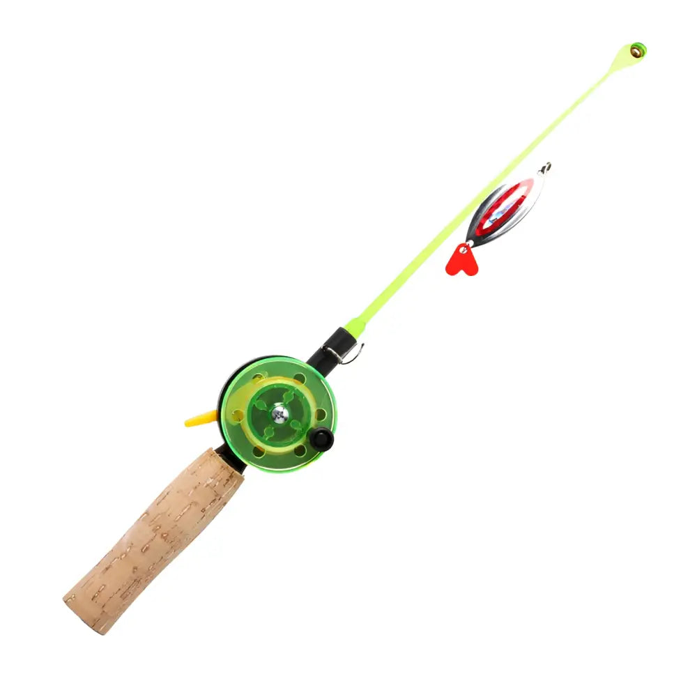 Bright green väinö rautulampi combo 50mm fishing rod with cork handle, transparent green reel, and red silver lure