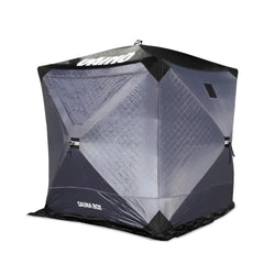 Gray and black quilted fabric väinö sauna box pop up saunateltta ice fishing tent with caino branding on top
