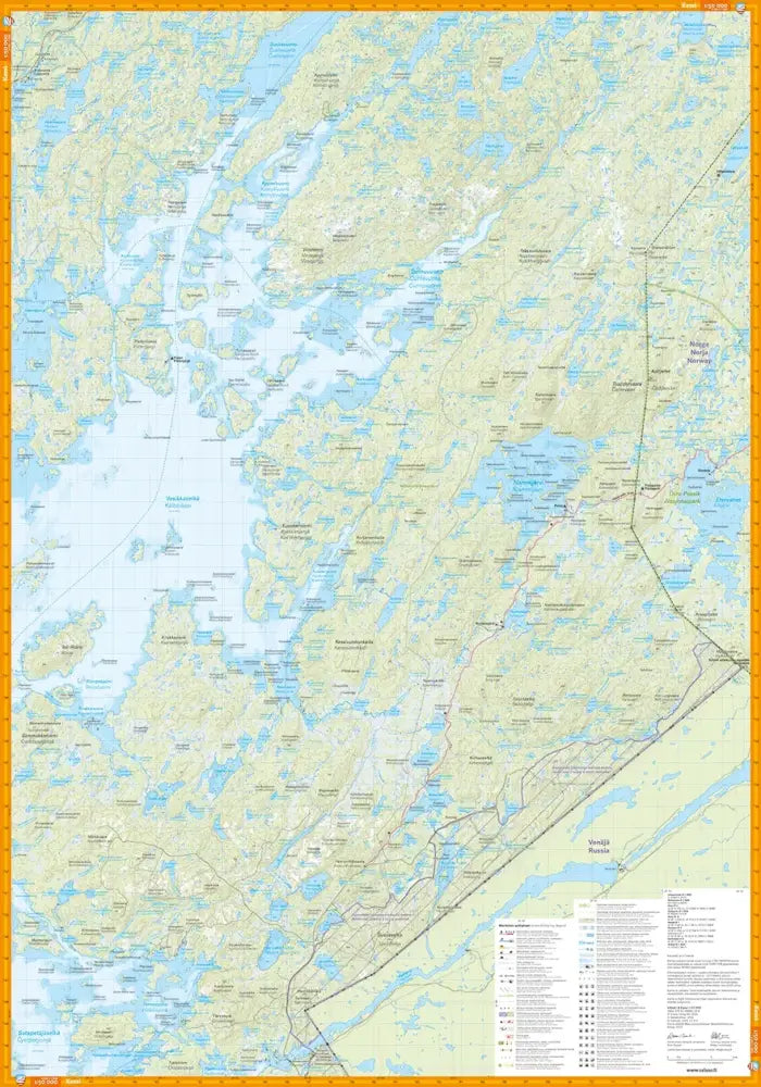 Detailed topographic map vätsäri & kessi 1 50 000 with light beige landmasses blue waterways and bright orange border