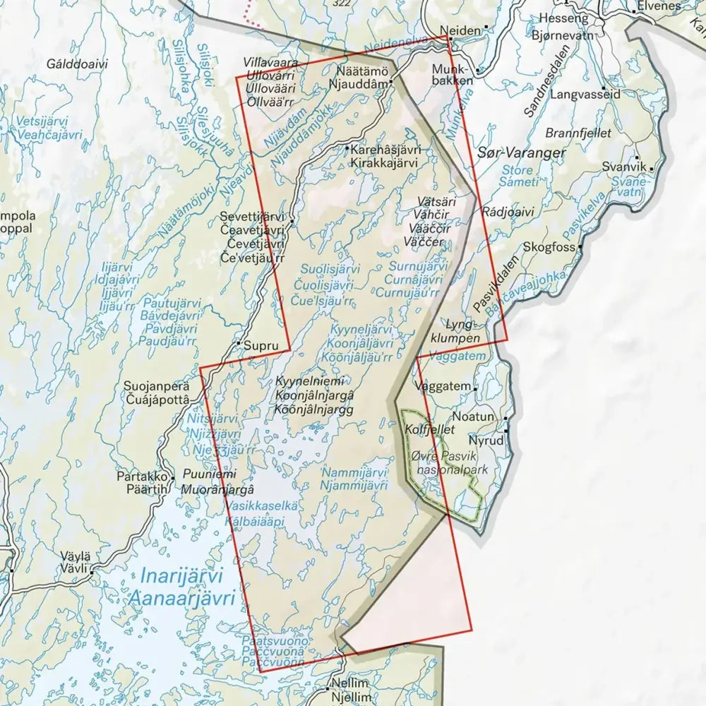 Detailed topographical map vätsäri & kessi 1 50 000 showing lakes rivers and towns like sør-varanger nyrodt and inarijärvi in norway