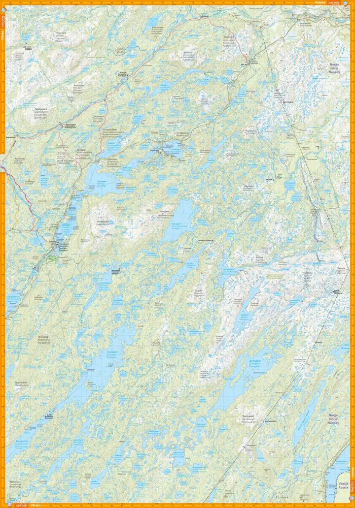 A detailed topographic map vätsäri & kessi 1:50 000 with light green terrain blue water bodies and orange borders