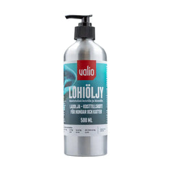 A sleek silver aluminum bottle with black pump labeled ualio lohiöljy laxative and digestive aid for dogs and cats