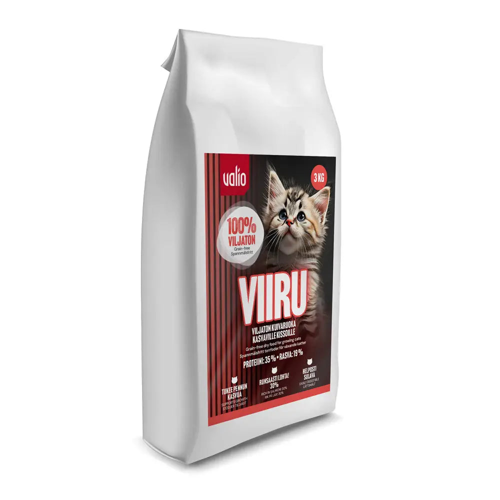 Valio viiru valkoinen 3 kg viljaton kissanruoka pussissa jossa kuva ruskeasta raidallisesta kissanpennusta