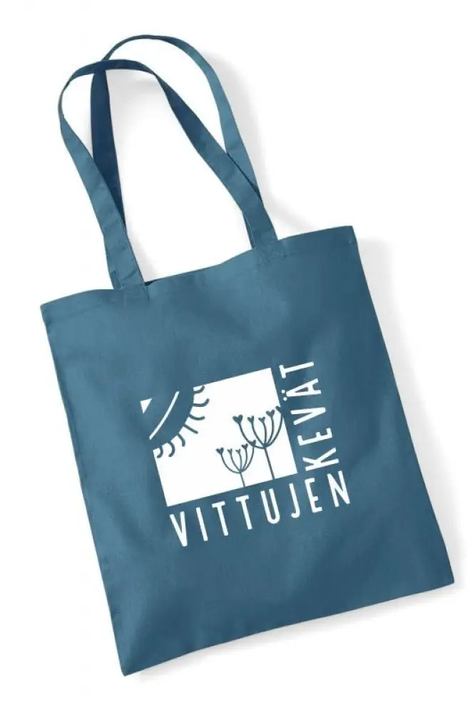 Teal kangaskassi vittujen kevät logo painatuksella ja kasviaiheisella grafiikalla