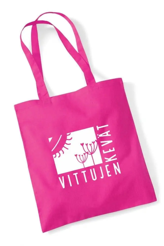 A vibrant pink kangaskassi with a white vittujen kevät logo featuring stylized plants on the front side