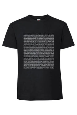 Musta puuvillainen vitun sanonnat ja manaukset unisex t-paita valkoisella tiheällä tekstipainatuksella edessä