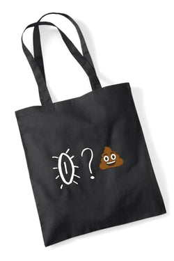 Mustavärinen kangaskassi valkoisella piirretyllä hehkulampulla ja ruskealla kakka-emoji kuvalla vmP by sari -kangaskassi