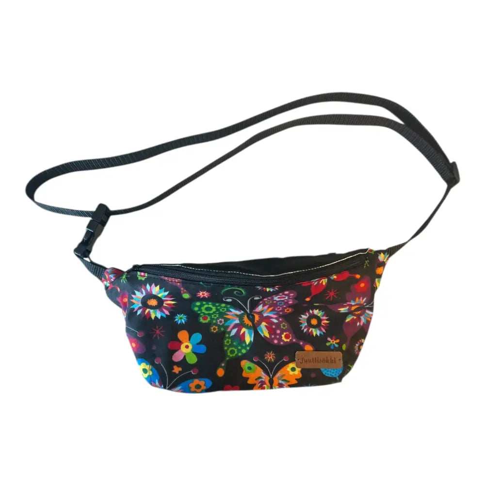 Vyölaukku perhonen on musta värikäs fanny pack, koristeltu sateenkaaren värisillä perhosilla ja kukilla