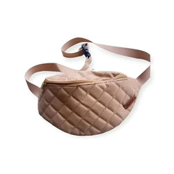 Beige tikattu nylon vyölaukku stiina säädettävällä hihnalla ja vetoketjullisella suljennalla